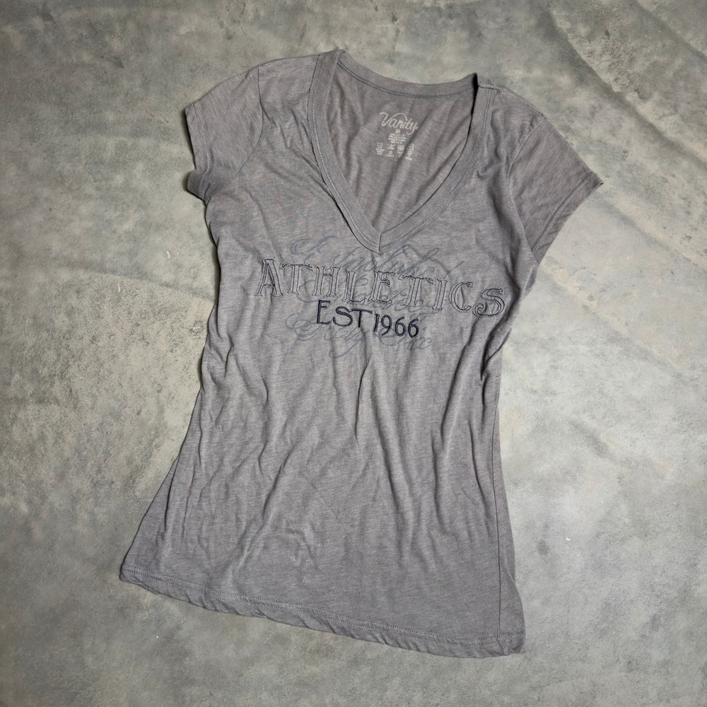 Vintage Vanity Athletics Graphic Tee Womens M Gray Y2K Sportswear Retro